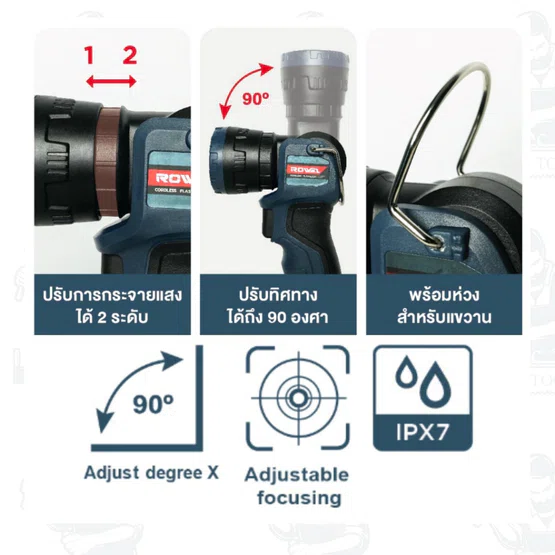 ROWEL รุ่น DFL280-B ไฟฉายไร้สาย 20V (เครื่องเปล่า) เปิด-ปิด ด้วยสวิตช์แบบไกปืนปรับ การกระจายแสงได้ 2 ระดับ 3