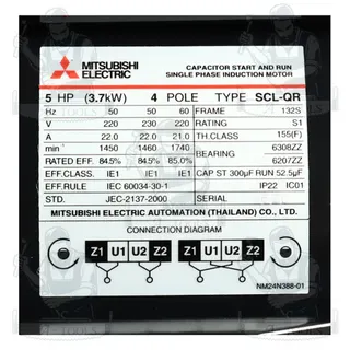 มอเตอร์ MITSUBISHI รุ่น SCL-QR กำลัง 5 แรงม้า 1เฟส 220 โวลต์ 4โพล 2สาย IP22 ความเร็วรอบ 1450 RPM ส่งไว *ของแท้ 100%* 4