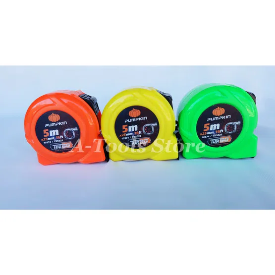 PUMPKIN ตลับเมตร 5เมตร รุ่น 10374 / TURBO-5025 หน้ากว้าง 25mm. (1") ผลิตจากพลาสติก ABS 100% เล็ก เบา แข็งแรง ตกไม่แตก (สี=เหลือง) 5