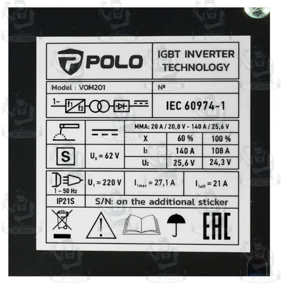 POLO เครื่องเชื่อม รุ่น VOM201 ขนาดลวดเชื่อม 1.6 - 3.2 มม. ตู้เชื่อม ระดับป้องกัน IP21S 4