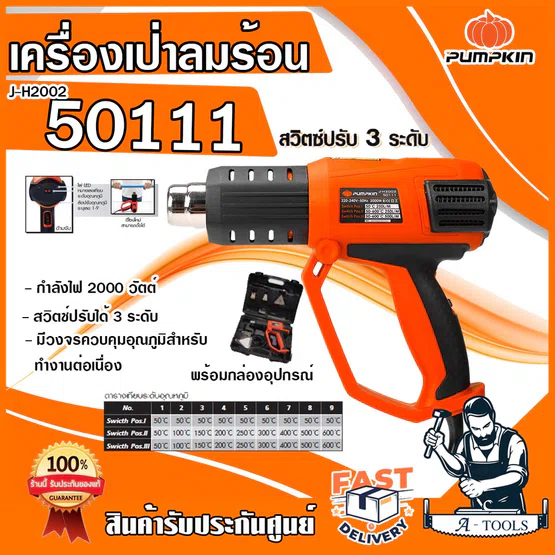 PUMPKIN เครื่องเป่าลมร้อน รุ่น J-H2002 / 50111 2,000วัตต์ ปืนเป่าลมร้อน อุปกรณ์พร้อมกล่องพลาสติกครบชุด **ส่งเร็ว ของแท้*