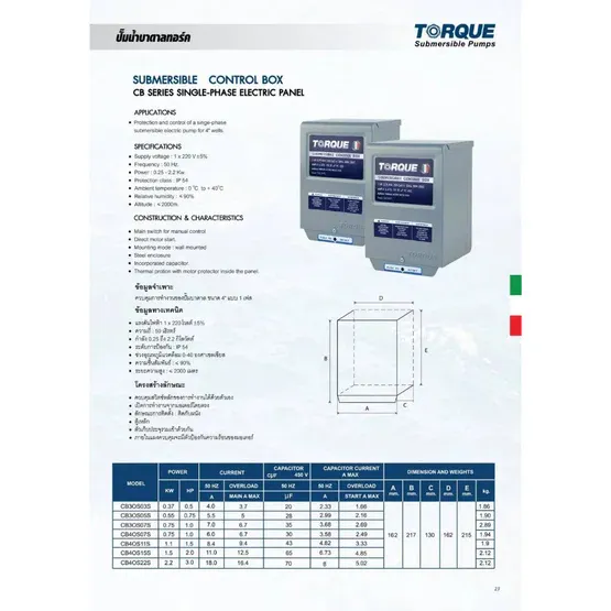 TORQUE ปั๊มบาดาล บ่อ 3" 0.75HP 16ใบพัด 220V ทอร์ค รุ่น TQ-SP-2BM16-3/S ท่อ1 1/4" ใบพัดสลัดทราย 6