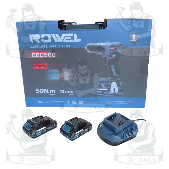 + + ROWEL สว่านกระแทก ไร้สาย 20V รุ่น RW-DBD500 (แบต 2Ah X 2 +แท่นชาร์จ) หัวจับดอก 13มม. 6