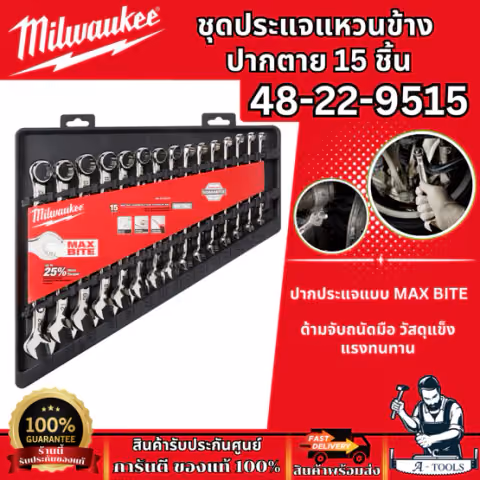 Milwaukee ชุดประแจแหวนข้างปากตาย 15 ชิ้น/ชุด รุ่น 48-22-9515 ขนาด 8-22 มิล