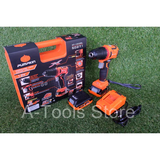 PUMPKIN สว่านกระแทก ไร้สาย พัมคิน รุ่น 50271 / XT-10IDBL มอเตอร์ไร้แปรงถ่าน แบต12V 1.5Ah 2ก้อน+แท่นชาร์จ ใช้แบตMAKITAได้ 6
