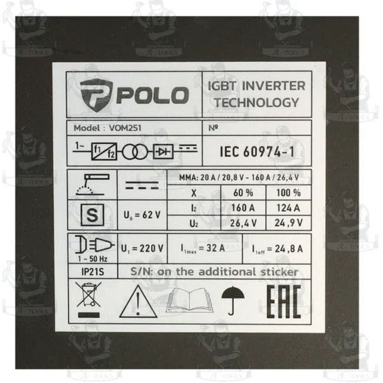 POLO / VALU เครื่องเชื่อม ARC MMA Inverter ระบบ IGBT รุ่น VOM251 ขนาดลวดเชื่อม 1.6 - 3.2 มม. ระดับป้องกัน IP21S 4