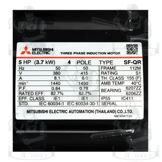 MITSUBISHI มอเตอร์ รุ่น SF-QR ชนิดหุ้มมิด กำลัง 5 แรงม้า (3.7 กิโลวัตต์) 3เฟส 220/380 โวลต์ 4โพล 3สาย IP55 ของแท้100% 4