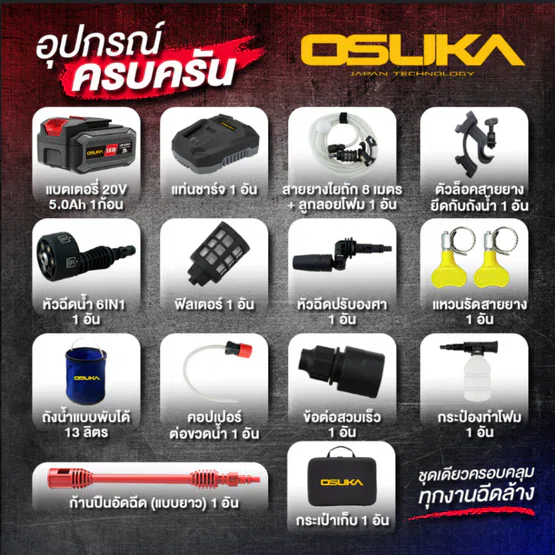 OSUKA ชุดเครื่องอัดฉีดแรงดันสูงไร้สาย 20V รุ่น OCPW607-P1 ( แบตเตอรี่ 20v 5.0Ah X1 + แท่นชาร์จ) 2
