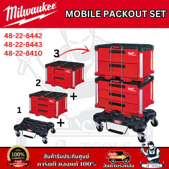 Milwaukee ชุด MOBILE PACKOUT SET กล่องเก็บเครื่องมือช่าง+กล่องลิ้นชัก+ฐานแบบล้อเลื่อน 1