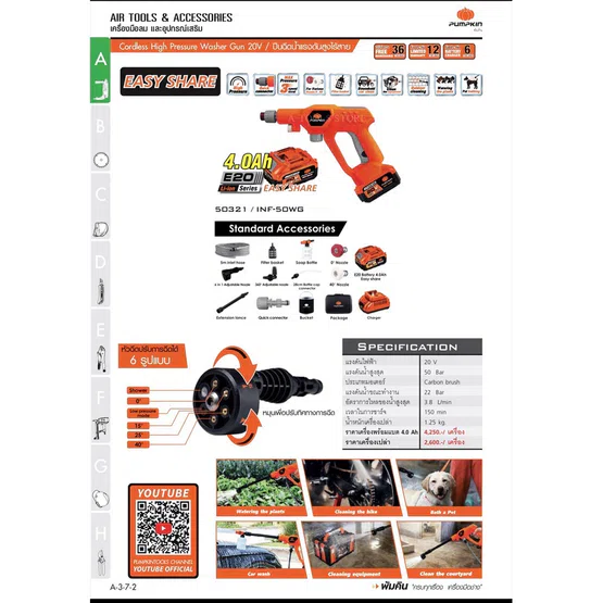 PUMPKIN ปืนฉีดน้ำ ไร้สาย พัมคิน 20V รุ่น 50321 (แบต20V 4Ahx1 +แท่นชาร์จ) / 50320 (เครื่องเปล่า) 50Bar INF-50WG ของแท้ 3