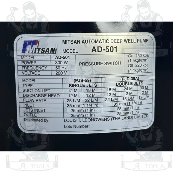 MITSAN ปั๊มน้ำ เจ็ทคู่ รุ่น AD-501 ปั๊มดูดลึก อัตโนมัติ แถมหัวเจ็ท 1 1/4" x 1" **ส่งเร็ว ของแท้100%** 4