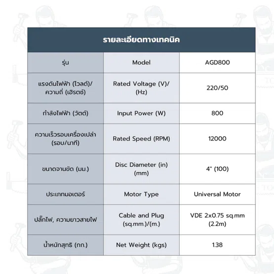 ROWEL รุ่น AGD800 เครื่องเจียรไฟฟ้า 4" 800W (สวิตช์ท้าย) หัวเกียร์เป็นอลูมิเนียม แข็งแรง ทนทาน ระบายความร้อนได้ดี 5